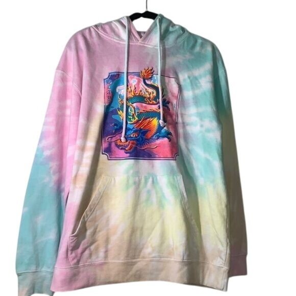 Tie-Dye Hoodie With Dragon Print Graphic Pullover Large 55% Cotton 45% Polyester - Picture 1 of 9